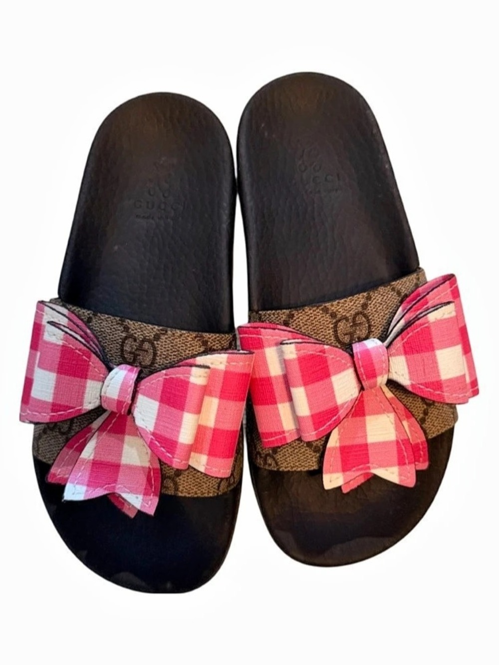 GUCCI Plaid Bow Slide Sandals in Black & Pink